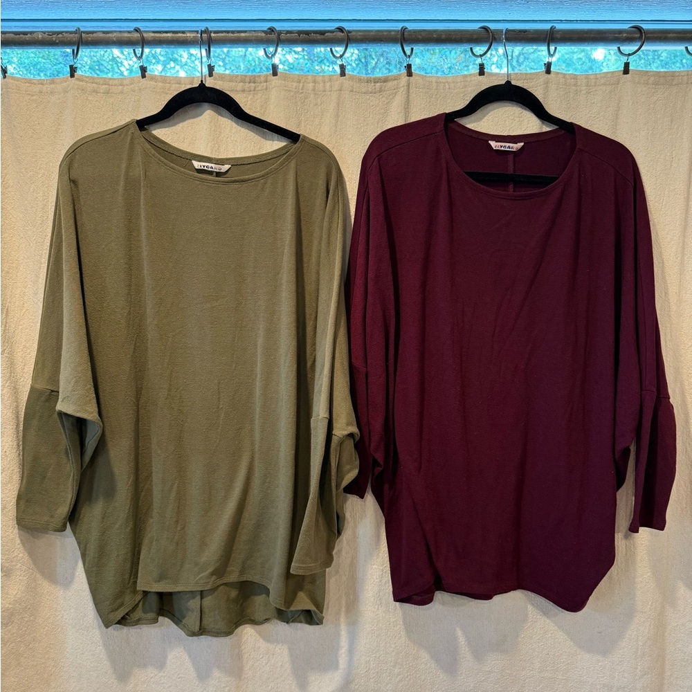 Set of Two Lightweight Dolman Sleeve Sweat Shirts - Olive and Burgundy